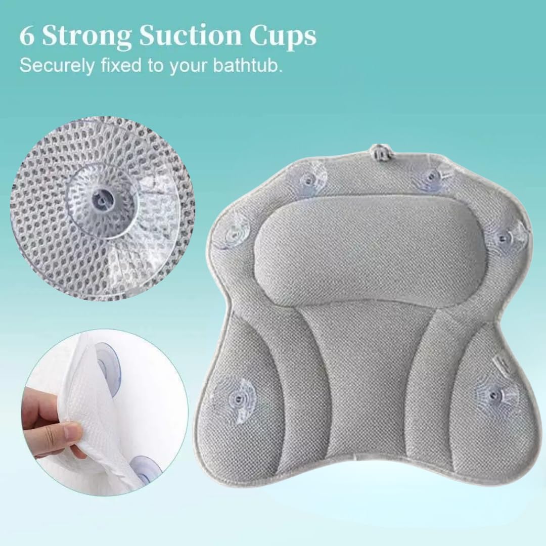 Luxury Bath Pillow Cushion Ergonomic pillow with 4D Air Mesh Technology and 6 Suction Cups Helps Support Head Neck Back Shoulder Fits All Bathtub Hot Tub and Home Spa UK brand Grey (Grey)