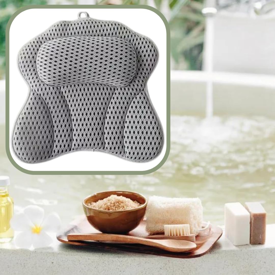 Luxury Bath Pillow Cushion Ergonomic pillow with 4D Air Mesh Technology and 6 Suction Cups Helps Support Head Neck Back Shoulder Fits All Bathtub Hot Tub and Home Spa UK brand Grey (Grey)