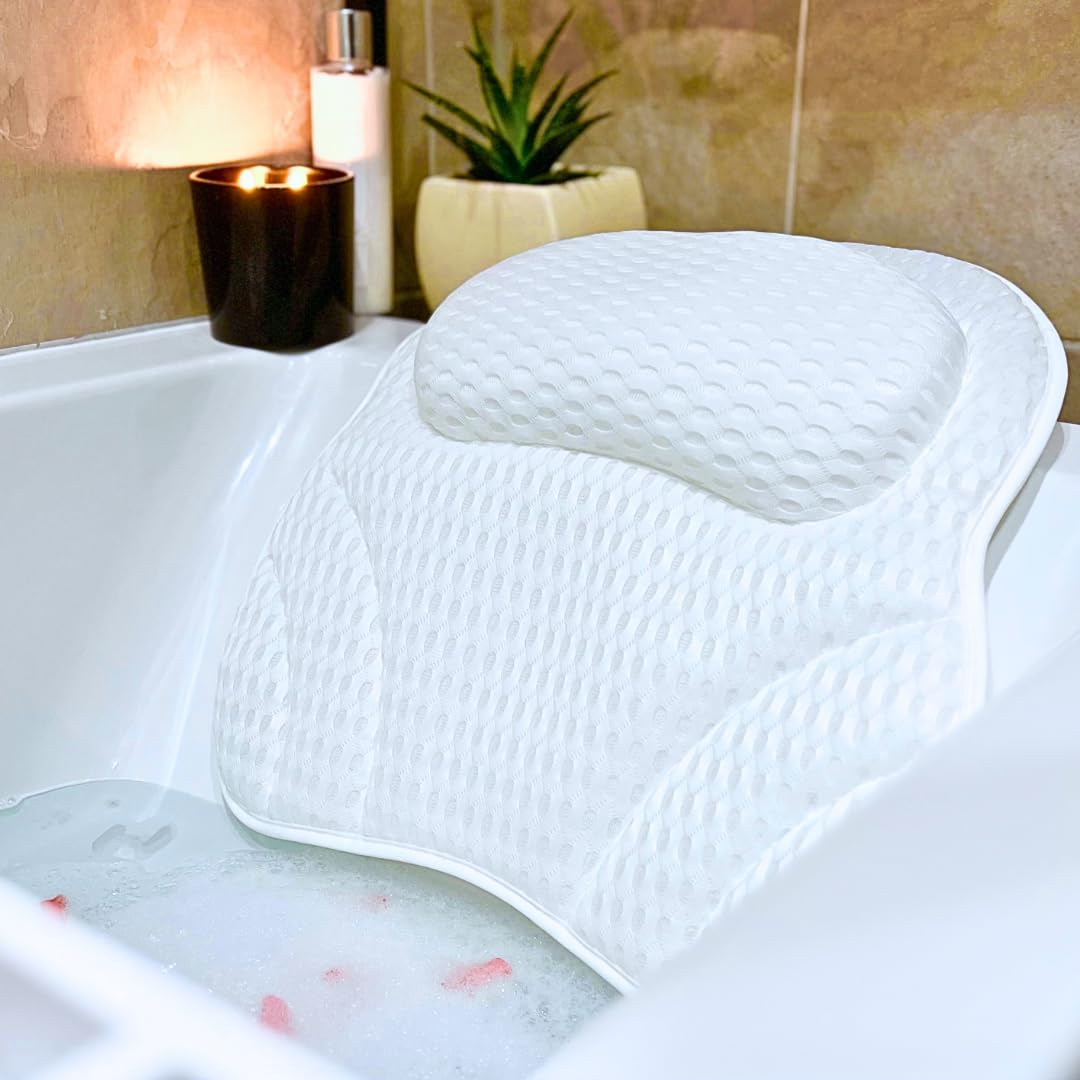 Luxury Bath Pillow Cushion Ergonomic pillow with 4D Air Mesh Technology and 6 Suction Cups Helps Support Head Neck Back Shoulder Fits All Bathtub Hot Tub and Home Spa UK brand Grey (Grey)