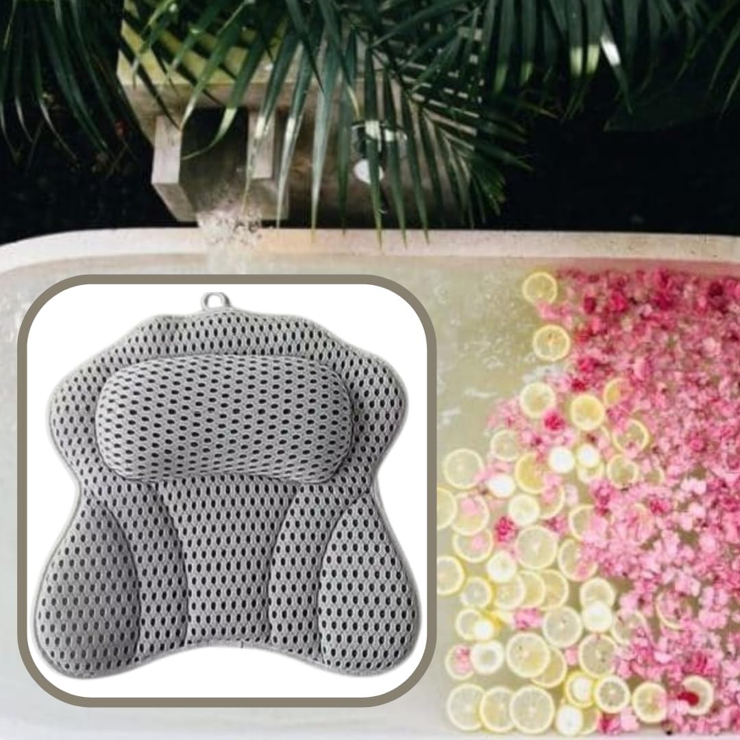 Luxury Bath Pillow Cushion Ergonomic pillow with 4D Air Mesh Technology and 6 Suction Cups Helps Support Head Neck Back Shoulder Fits All Bathtub Hot Tub and Home Spa UK brand Grey (Grey)