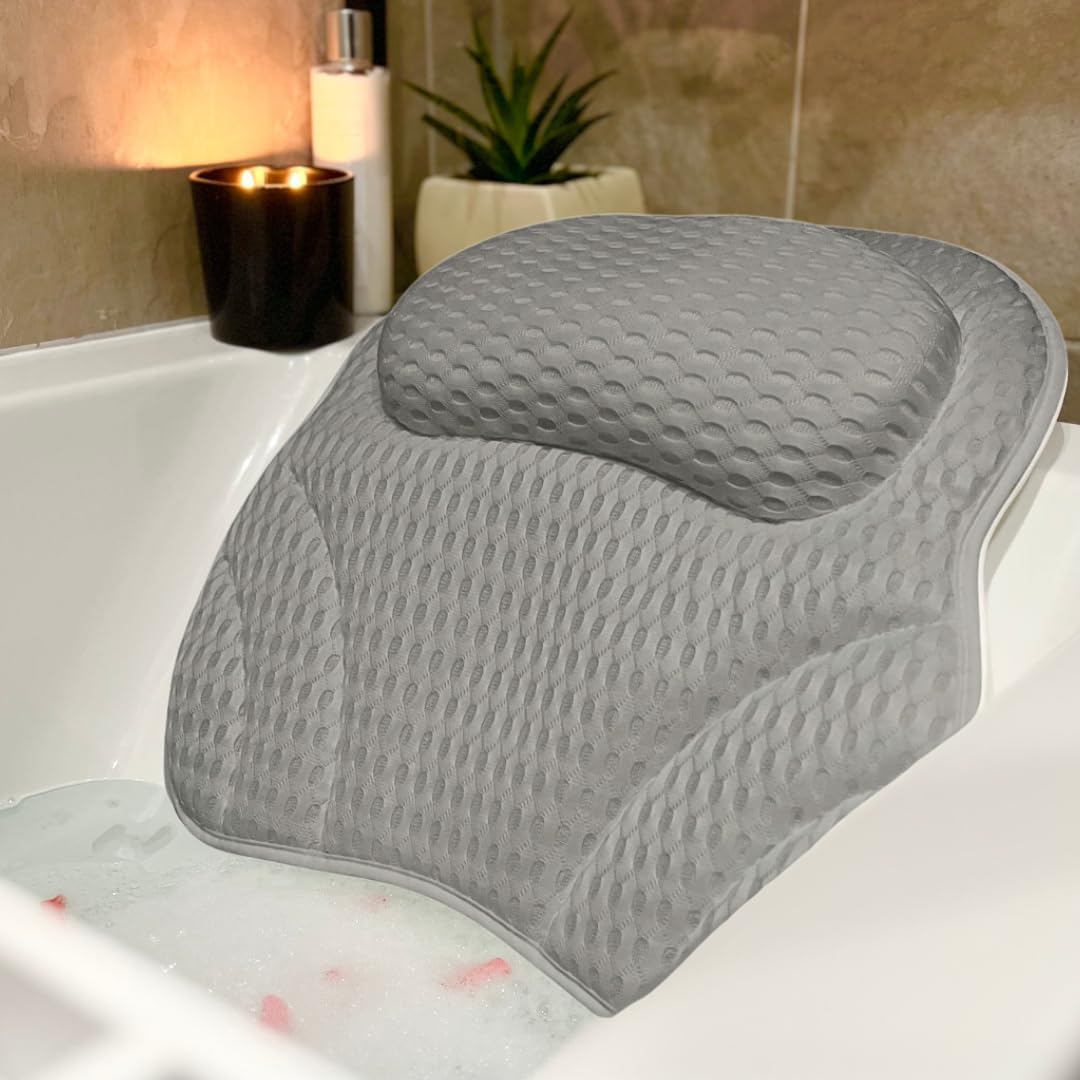 Luxury Bath Pillow Cushion Ergonomic pillow with 4D Air Mesh Technology and 6 Suction Cups Helps Support Head Neck Back Shoulder Fits All Bathtub Hot Tub and Home Spa UK brand Grey (Grey)