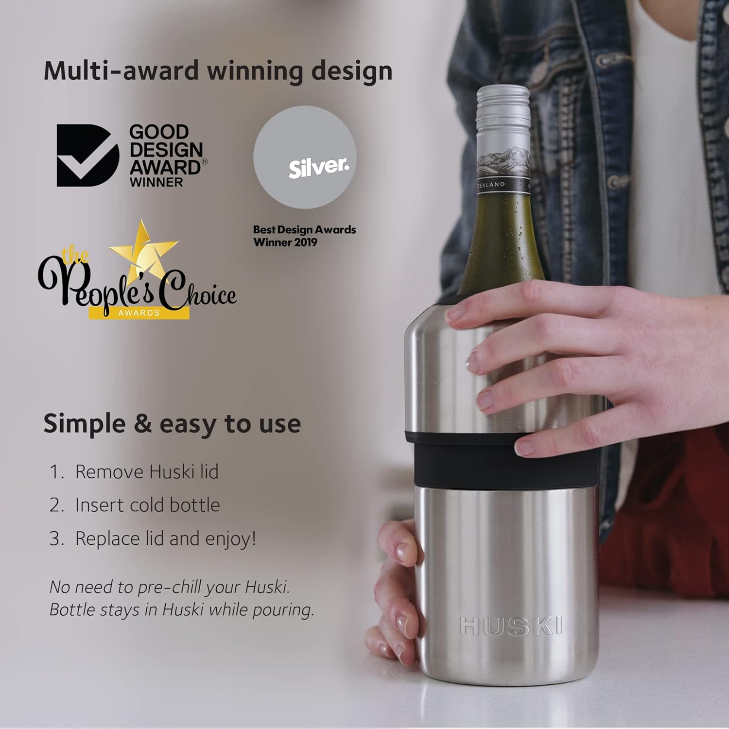 Huski Wine Cooler | Premium Iceless Wine Chiller | Keeps Wine Cold up to 6 Hours | Award Winning Design | New Wine Accessory | Fits Some Champagne Bottles (Brushed Stainless)