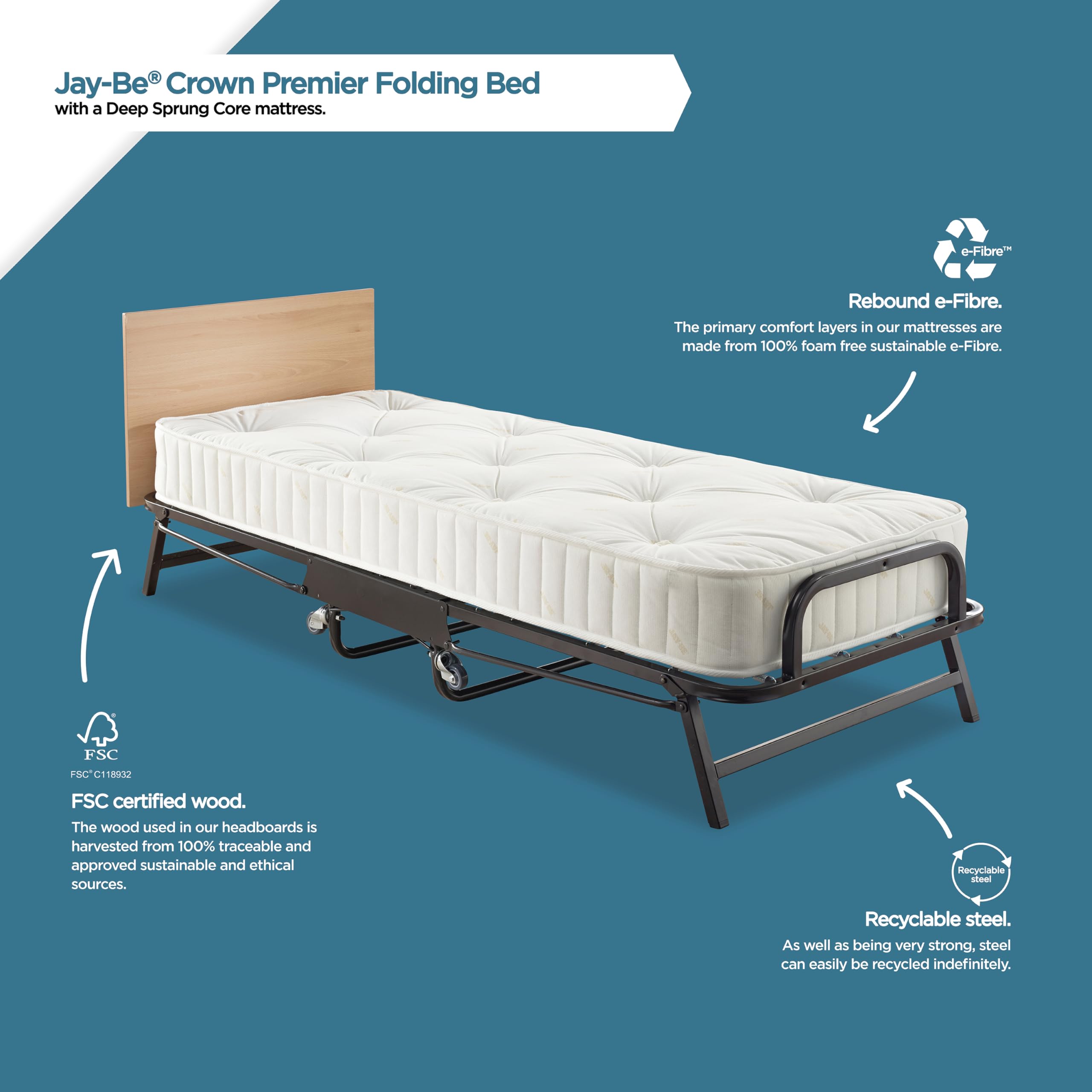 Crown Premier Folding Bed with Deep Sprung Mattress - Single, Black